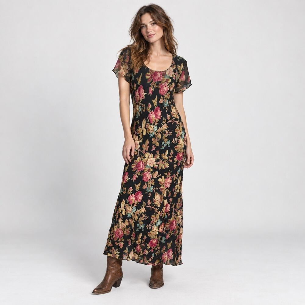 Vintage 90s Paradise NY Floral Rayon Maxi Dress Whimsigoth Boho L